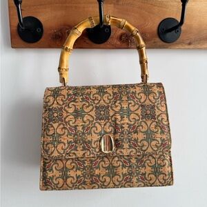 Vintage-Style Floral Cork Top-Handle Bag with Bamboo Handle - Natural